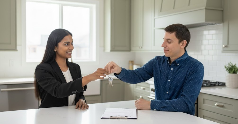 Agent handing keys to a new homeowner in a bright West Michigan kitchen