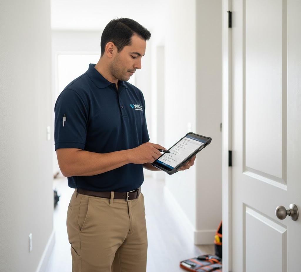 Technician documenting a home walkthrough on a tablet
