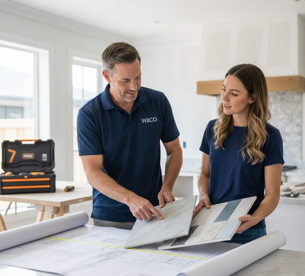 Contractor reviewing material selections and plans with a homeowner