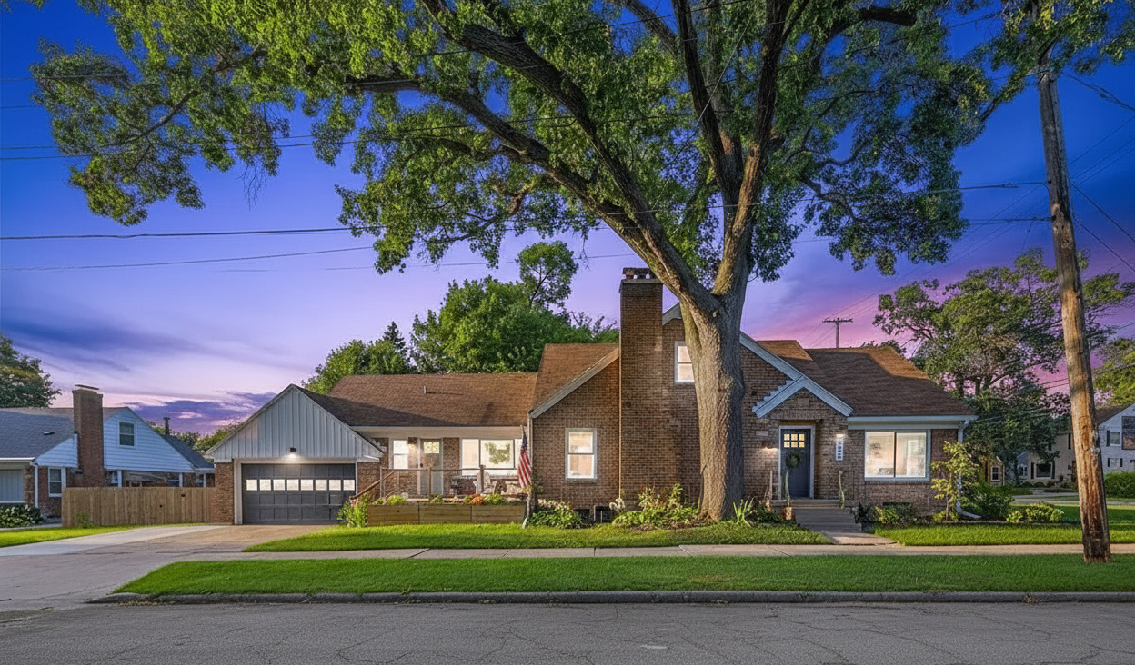 Brick ranch home in a Grand Rapids neighborhood at dusk