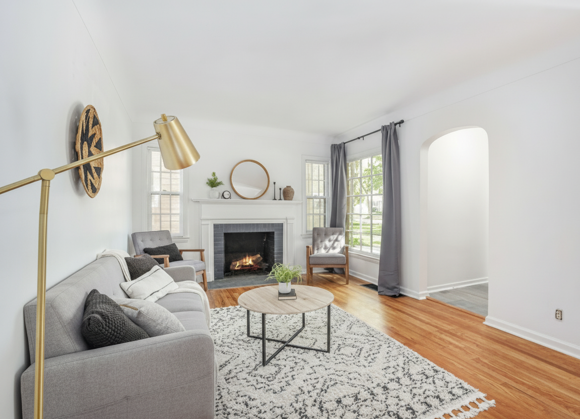 Sunlit West Michigan living room staged for a Brandon Wilcox Home Group listing